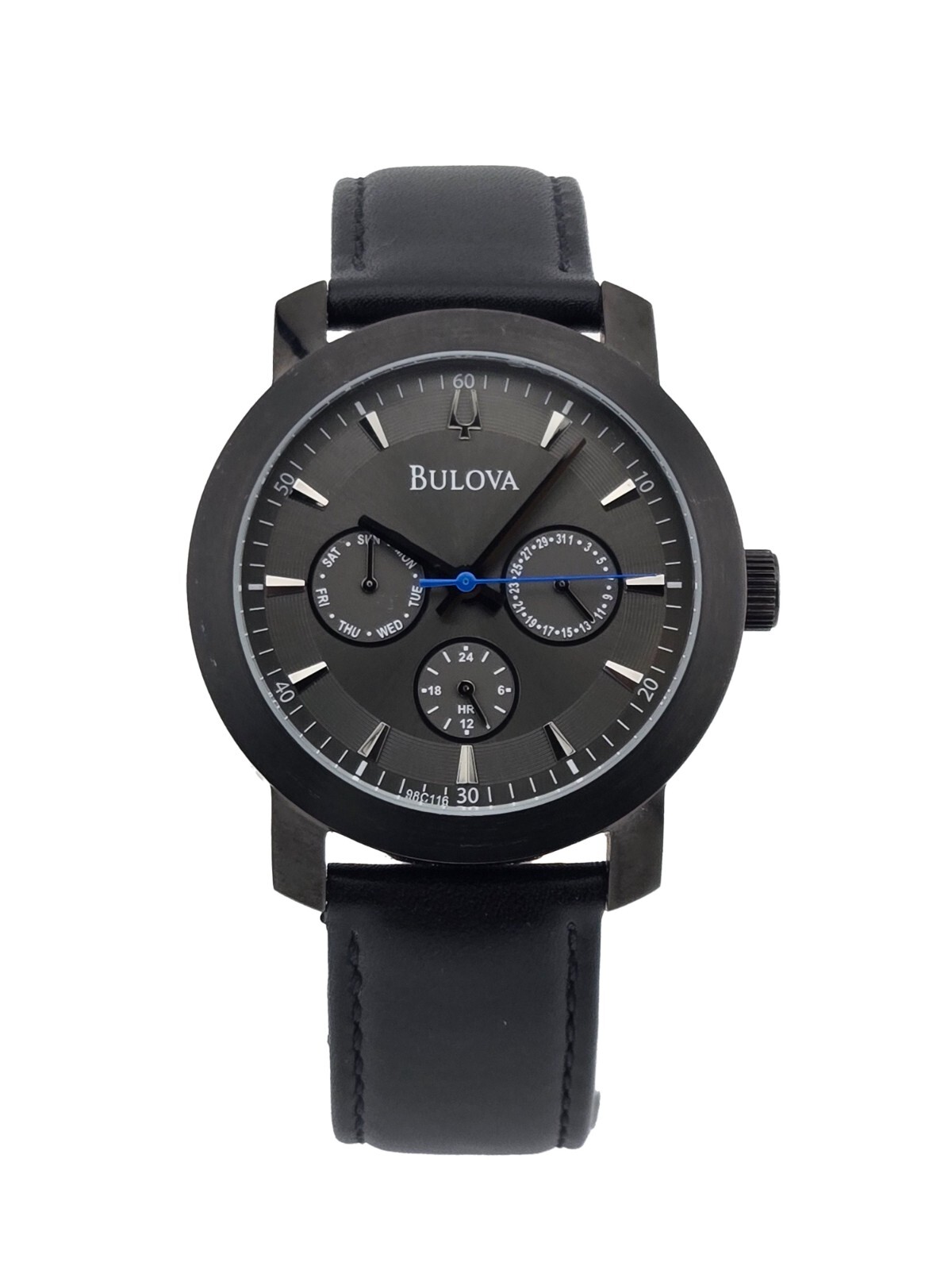 Bulova Mens Black Dial Leather Strap Vintage Watch 98C116