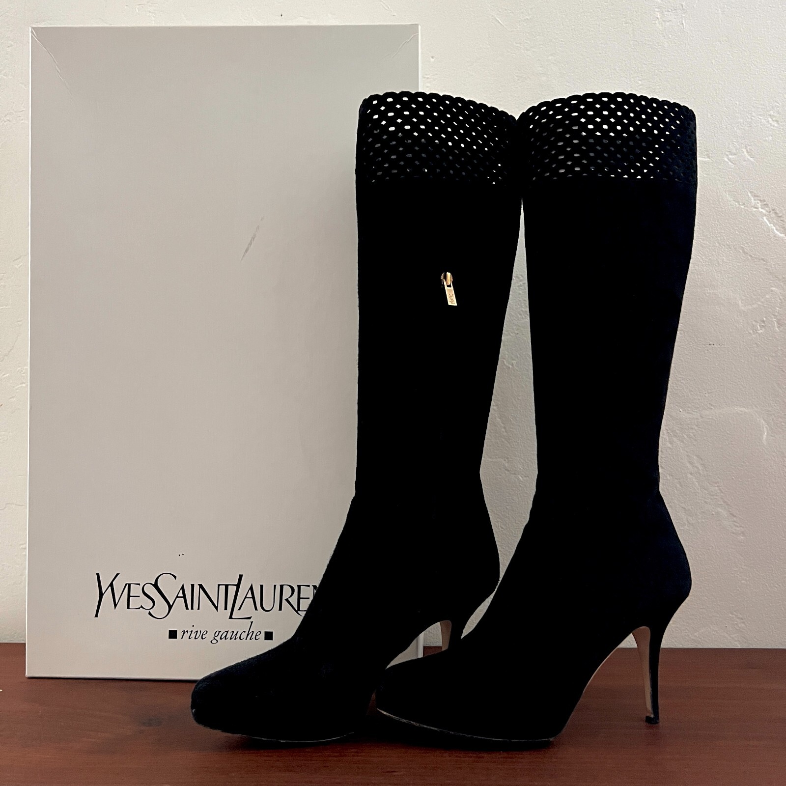 Stivali al ginocchio YSL Yves Saint Laurent neri scamosciati plateau tacco a stiletto 9 39