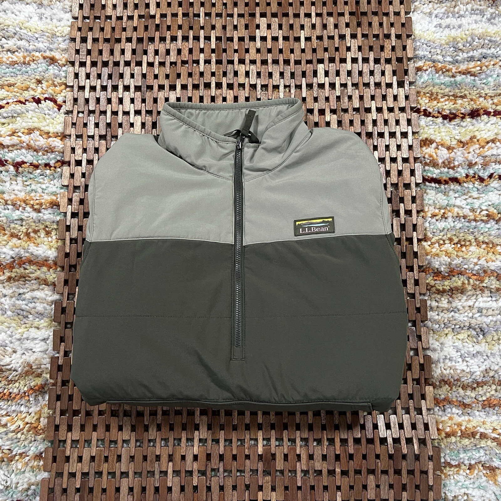 LL Bean Green Color Block Anorak Puffer Jacket Hoodie Mens Medium M