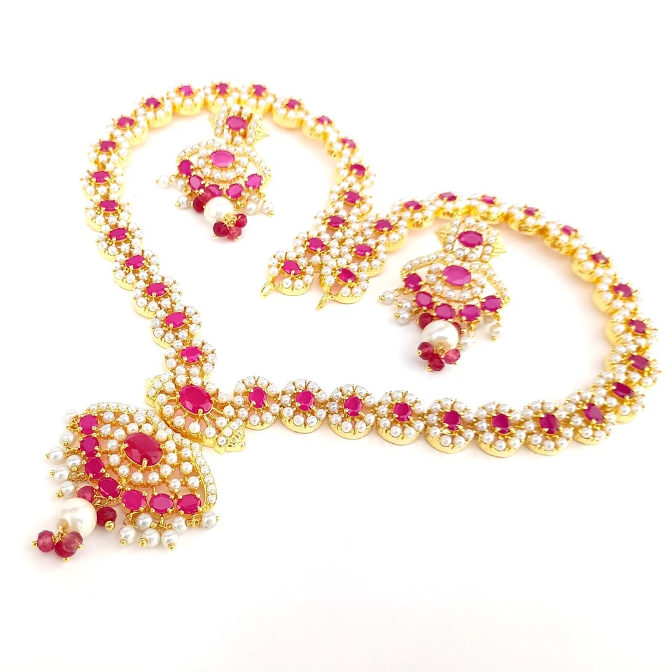Collar de piedras preciosas de rubí y perlas, collar de piedras preciosas, regalos de joyería del sur de la India Foto 3 de 4