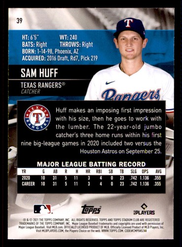 2021 Stadium Club #39 Sam Huff RC - Picture 2 of 2
