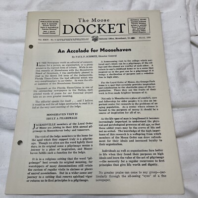 Rare THE MOOSE DOCKET Lodge Newsletter MARCH 1956 Mooseheart IL