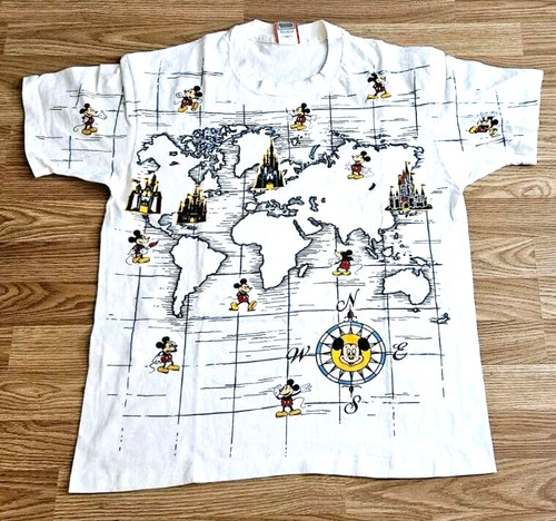 Vintage 90s Disney Mickey Mouse Castle AOP T-T-Shirt World Map Theme Parks