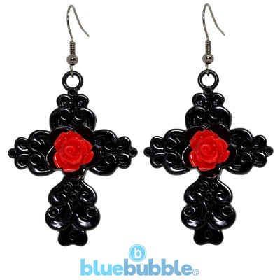 Bluebubble BLACK MAGIC Carved Rose Cross Earrings Gothic Punk Rock Halloween Emo