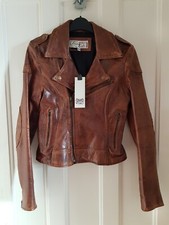 Bnwt Firetrap Ava Tan Brown Leather Biker Jacket, Xs: Rrp £215