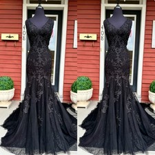 Black Lace Mermaid Wedding Dress V  Neck Sparkly Sweep Train Gothic Bridal Gown