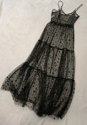 Womens Tulle Dress Long Straps Sheer Black Mesh Maxi Dresses Metallic Stars  Gown | eBay