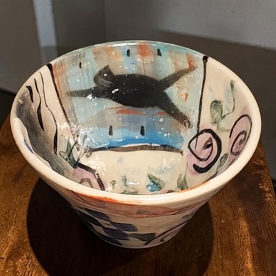 Caroline Koons Pottery Bowl FLYING BLACK CAT Gorgeous 1998 VINTAGE Signed