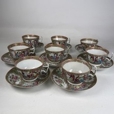 Antique Chinese Qing Dynasty Porcelain Rose Medallion 8 Cups And Saucers Set