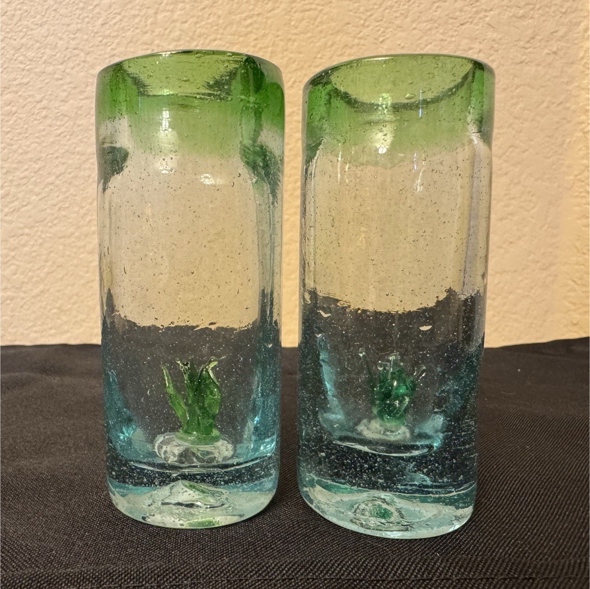 Mexican Art Glass Hand Blown Highball Glasses Set of 2 Green Blue 4”
