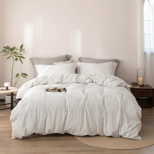 Stripe Duvet Cover Twin Size 90Inch X 68Inch, 100 Washed Cotton Linen Feel Duve