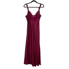 Vintage Victoria's Secret Burgundy Lace Trim Satin Long Nightgown Slip Dress M
