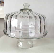 Vintage Heavy Anchor Hocking Clear Ribbed Glass Lidded Pedestal Cake Stand