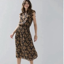 White House Black Market Floral Midi Dress Smocked Waist Brown Gold Women M