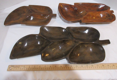 Vtg. Set of 3 Hand Carved Wooden Serving Dishes Oceanic Wooden Leaf Shaped