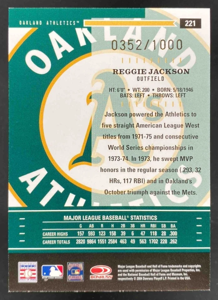 Reggie Jackson 2004 Donruss Throwback Threads /1000 #221 Athletics - Image 2 of 4