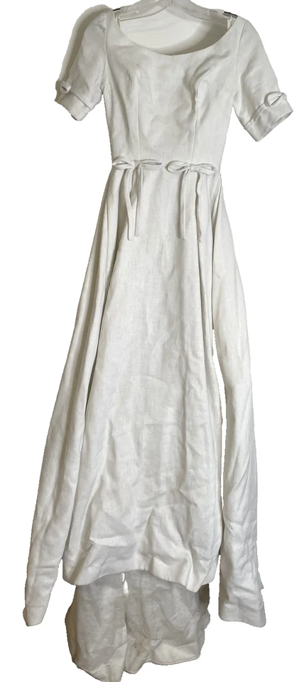 Vestido de novia vintage años 40 irlandés de lino XS S botones espalda lazos tren largo SS 0 2 4 Foto 3 de 4