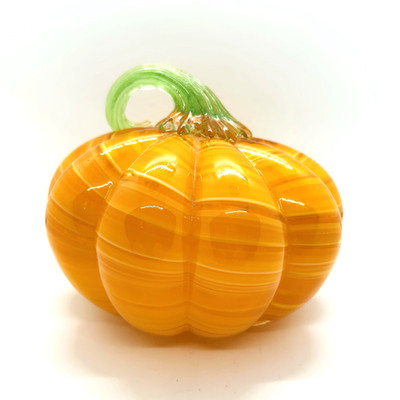 Blown Swirl Art Glass Orange Pumpkin Green Stem Fall Halloween Decor 5''x6.5''