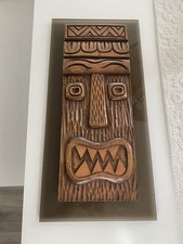 Vintage MCM Wooden Tiki Mask Wall Hanging w Lucite Plastic Base Hawaiian 