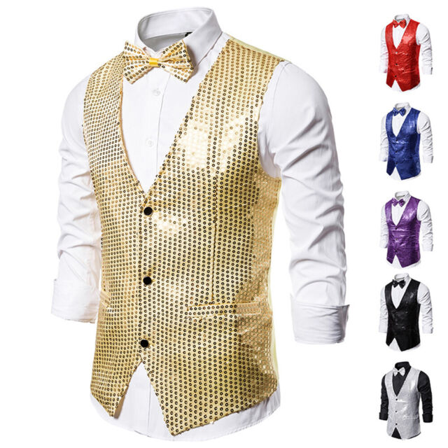 Men Button Vest Glitter Sequin Waistcoat Business Party Suit Dance Vest&Bow Tie Men Button Vest Glitter Sequin Waistcoat Business Party Suit Dance Vest&Bow Tie