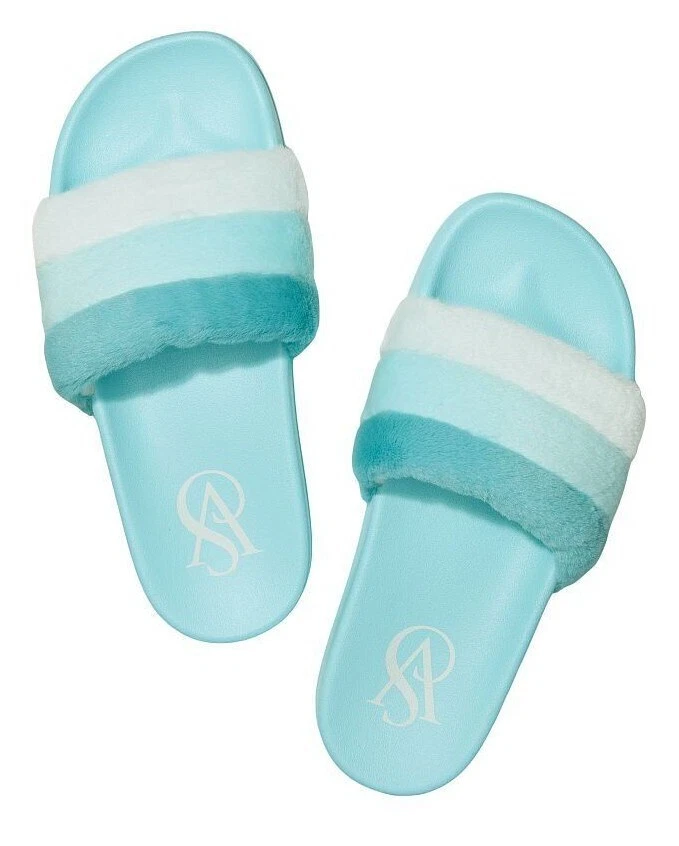 VICTORIAS SECRET STRIPED FAUX FUR SLIDES SLIPPERS SANDALS OPEN TOE