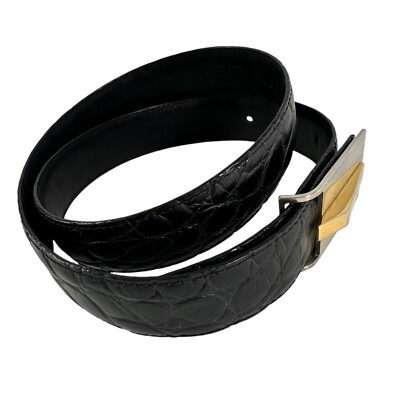 CARLISLE Vintage Leather Black Croc Embossed Belt Silver and Gold Buckle Sz M Vintage CARLISLE Black Croc Embossed Leather Belt Marked as  main image 2