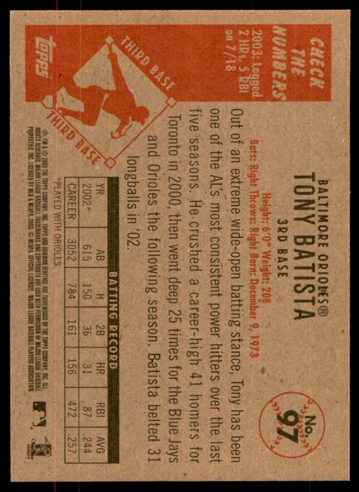 2003 BOWMAN HERITAGE. TONY BATISTA BALTIMORE ORIOLES #97 - Image 2 of 2