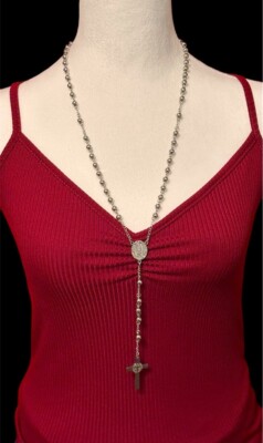 MEN's Stainless Steel Catholic Rosary Bead Necklace Crucifix Cross Chain Silver