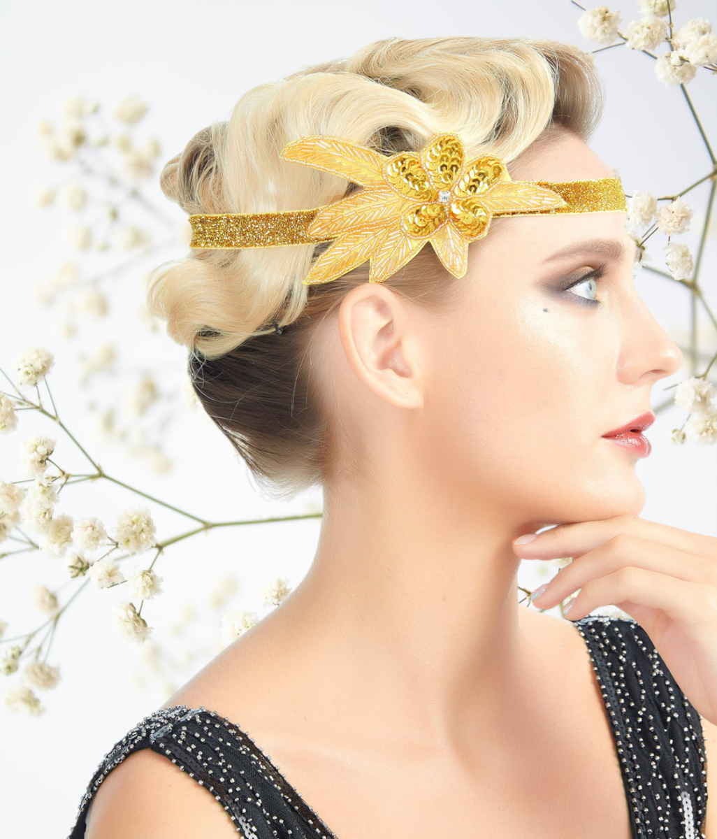 1920s Headband Gold Rhinestone Flower Headpiece Flapper Headband