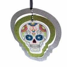 Halloween Glitter Swirl Hanging Decoration with Sugar Skull - Silver Green