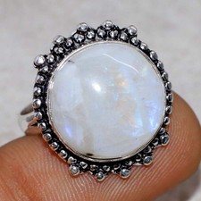 925 Silver Plated Round Rainbow Moonstone Ring US 8.5 Birthday Gift Trendy GW