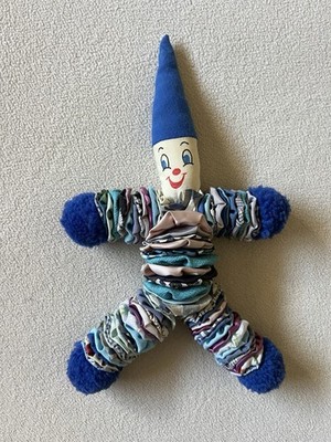 Vintage Yo-yo Handmade Mid Century Fabric  Clown Rag Doll Quilt Pom-poms Toy 