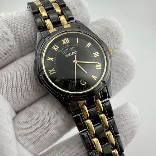 Seiko Watch Men 35mm Black Dial Black & Gold Tone Daydate V733-6C49 For Repair