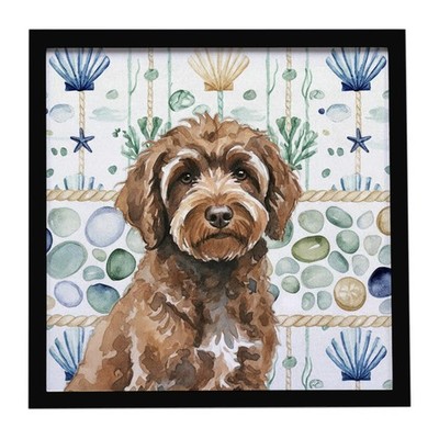 Brown Portuguese Water Dog Coastal Sea Glass Framed Metal Print WDK7180MFP88