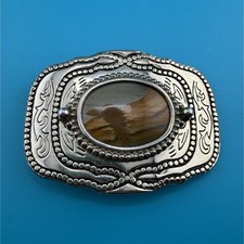 Vintage Western Belt Buckle Brown Agate Jasper Stone Silver Tone Made USA 3.25