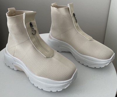 Moderne Socken Stiefeletten Sneaker Gr 36 Creme Reißverschluss Plateau