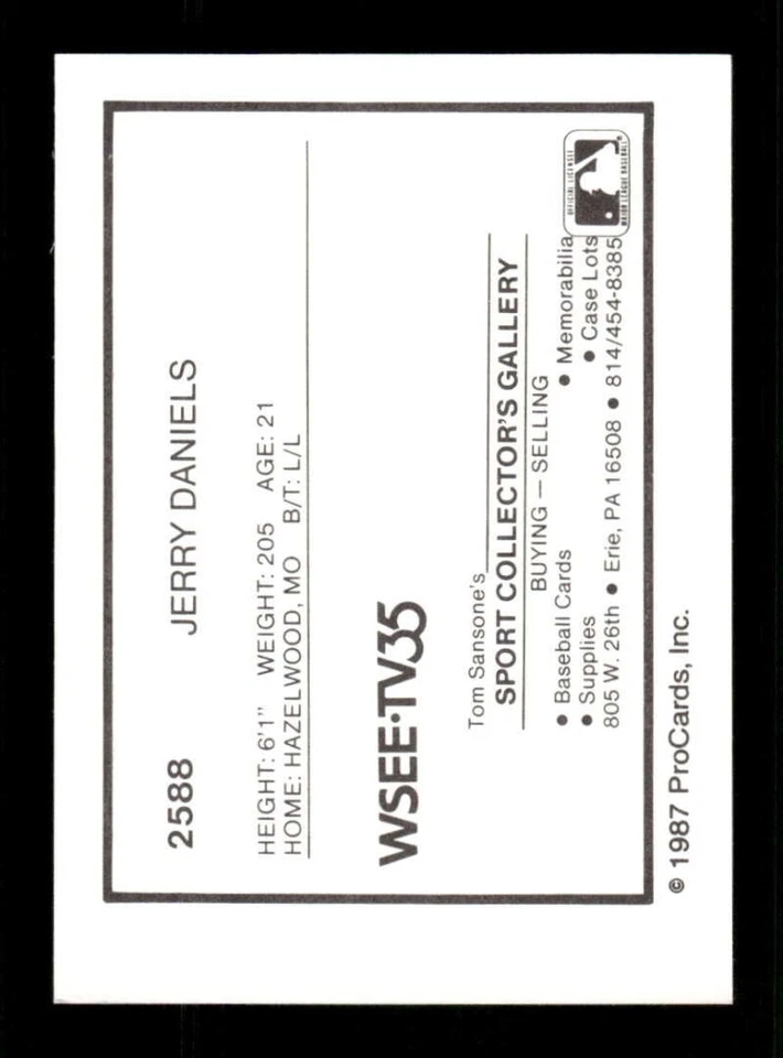 1987 ProCards Erie Cardinals 2588 Jerry Daniels BXCP30 - Image 2 of 2