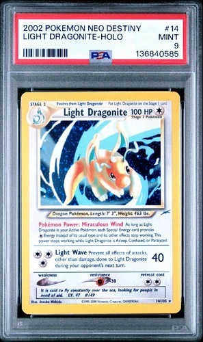 Light Dragonite 14/105 Neo Destiny Holo PSA 9 W/ TAIL SWIRL, NEW CERT