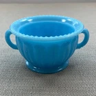 Vintage Blue Milk Glass Sugar Bowl Small Beaded Ribbed Double Handle NO LID