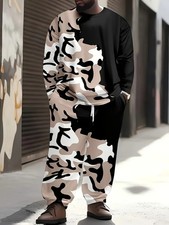 Men'S Plus Size Two-Piece Set - Long Sleeve Pants Outfit, Stretch Fabric for Big