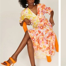 Rixo Whimsical Floral Colorblock Maxi Dress MEDIUM Ruched Orange Party $420