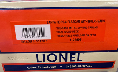 Lionel 27895 Santa Fe PS-4 Flatcar W/Bulkheads and Pipe Load, New