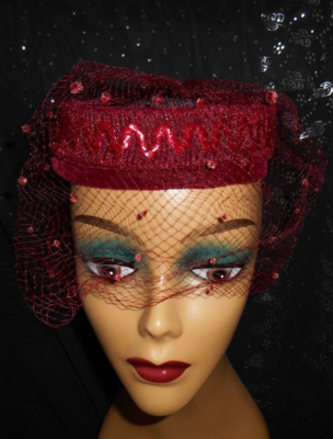 ドール Vintage Red Sequin Velvet Veiled Wedding Ring, Cocktail Hat, Open