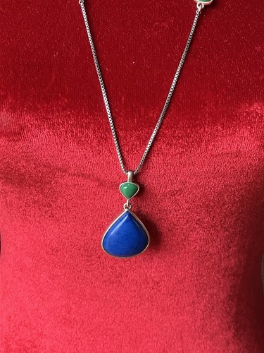 Long Silver Plated Chain Pendant Necklace With Blue & Green Enamel Accents - Picture 2 of 16