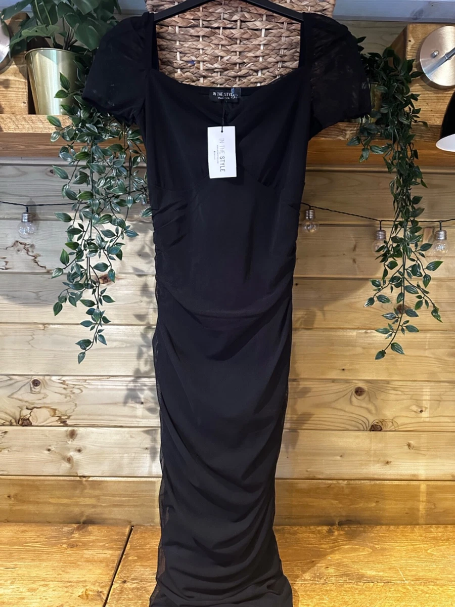 Black mesh hotsell ruched midi dress