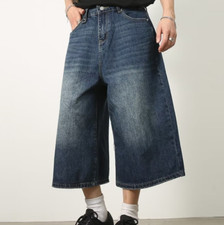 Summer Men Denim Shorts Wide Leg Jean Shorts Baggy with Pockets Pants US style