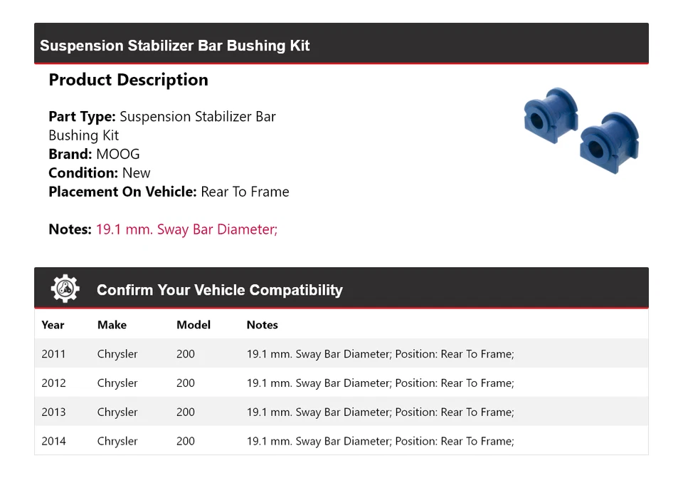 Kit de buje de barra estabilizadora de suspensión para Chrysler 200 2011-2014 MOOG 2011 2012 Foto 2 de 3