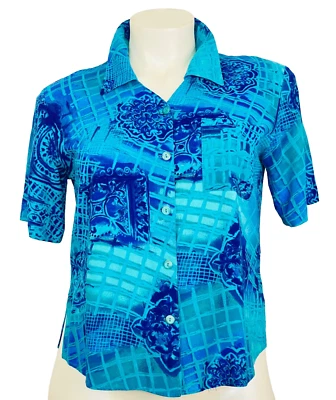 Vintage 1980s blue rayon blouse, L XL turquoise teal short sleeve collar 1990s - Image 1 of 4