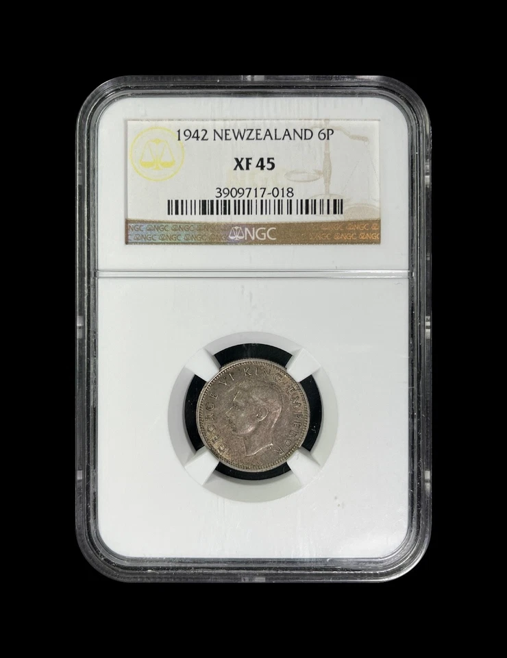 NEW ZEALAND. 1942, 6 Pence, Silver - NGC XF45 - KGVI, Huia Bird, Key Date - Image 2 of 4