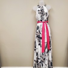 Eliza J Print Chiffon Maxi Belted Dress Gown Size 4 Black & White Party Cocktail